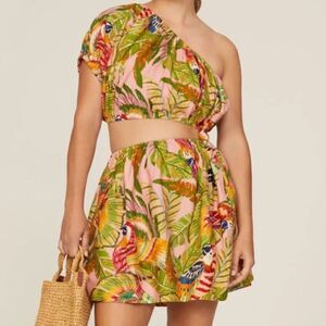 FARM Rio Macaw Leaves Cutout Waist Linen Blend Mini Dress Size S. NWT